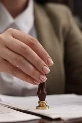 stamping document at table in office, closeup